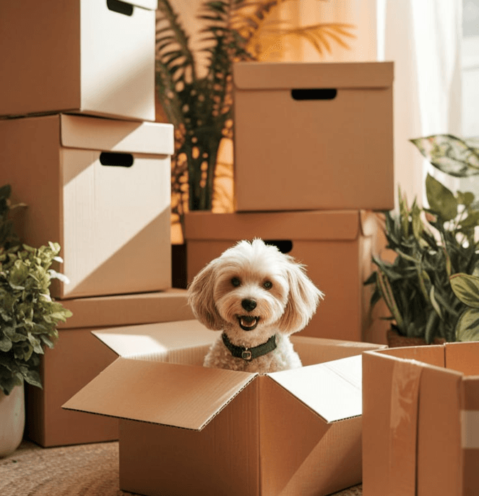 Glad hund i flyttlåda